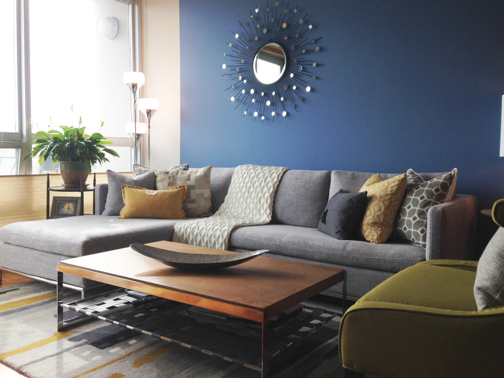Small modern open concept living room in Philadelphia with blue walls, medium hardwood floors and grey floor.