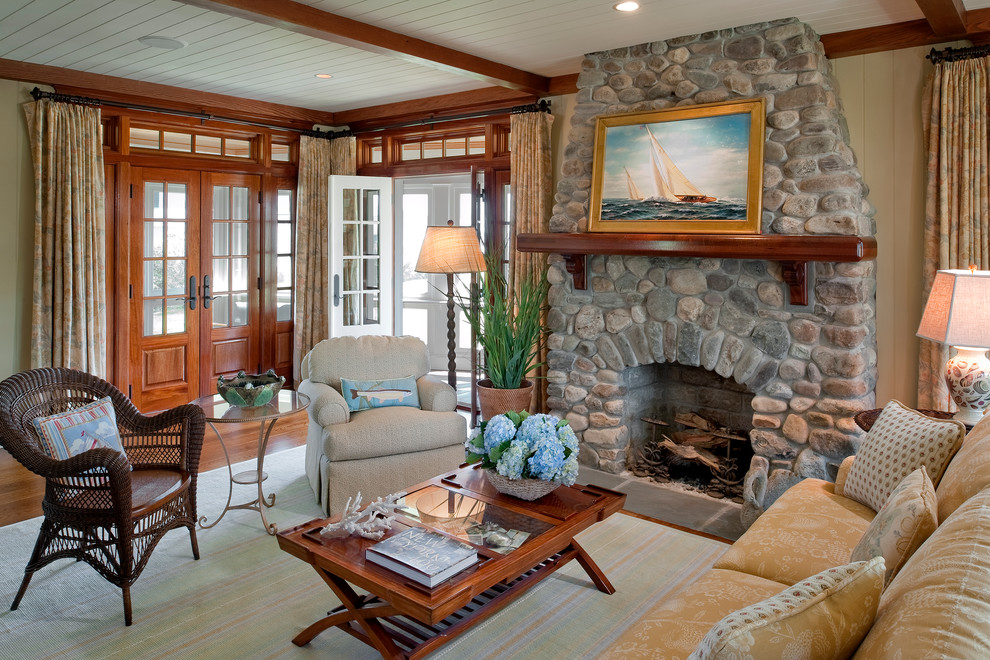 This is an example of a mid-sized asian formal enclosed living room in Providence with beige walls, dark hardwood floors, a standard fireplace, a stone fireplace surround and no tv.