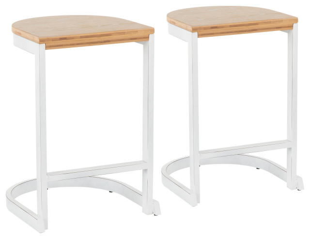 Industrial Demi Counter Stool, Set of 2, Vintage White Metal/White Washed Bamboo