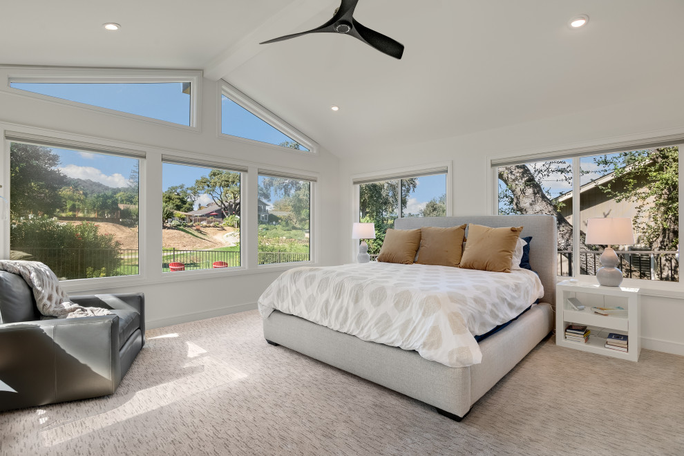Geräumiges Hauptschlafzimmer mit weißer Wandfarbe, Teppichboden, gefliester Kaminumrandung, buntem Boden und gewölbter Decke in San Francisco