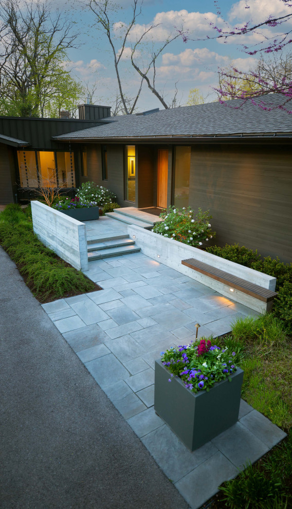 Foto di un ampio giardino minimalista esposto a mezz'ombra davanti casa in estate con pavimentazioni in pietra naturale e un giardino in vaso