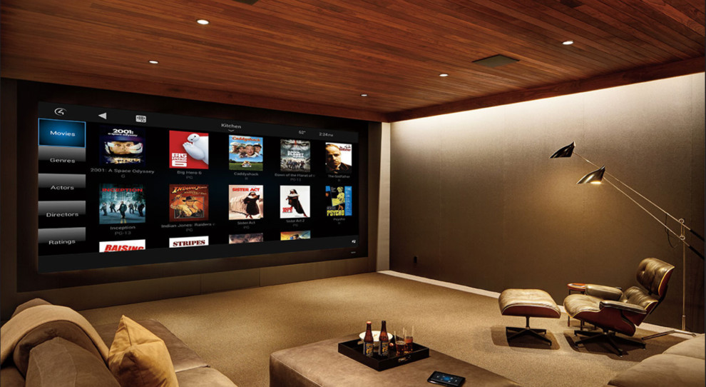 Photo of a contemporary home theatre in Nashville with a projector screen.