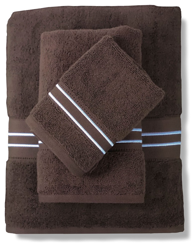Windsor Towel Set, Brown-White Embroidery