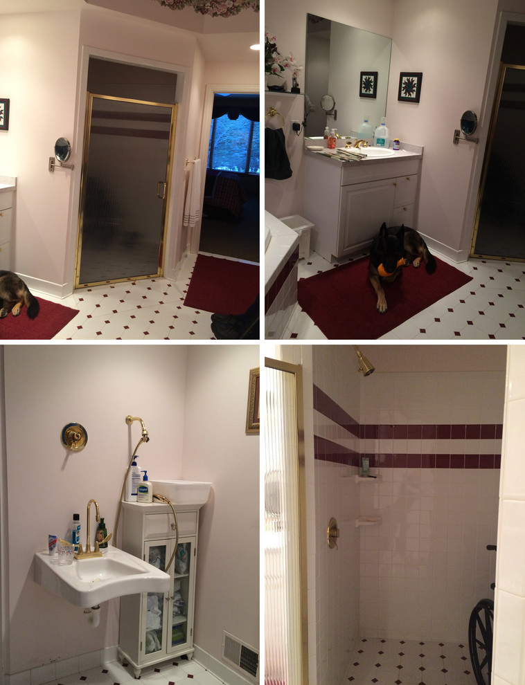 Bathroom - mid-sized transitional master bathroom idea with raised-panel cabinets