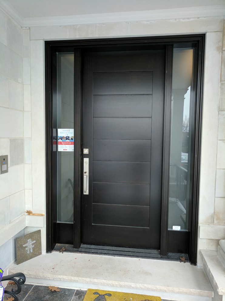 Mid-sized contemporary front door in Toronto with grey walls, a double front door and a black front door.