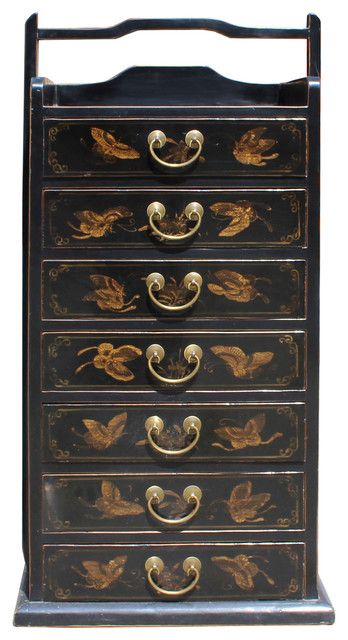 Oriental Chinese Black Golden Butterflies 7 Drawers File Storage