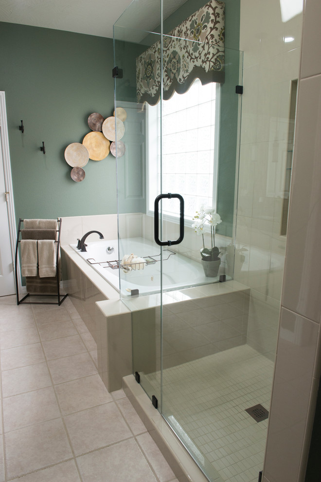 Design ideas for a mid-sized transitional master bathroom in Other with raised-panel cabinets, white cabinets, a hot tub, an open shower, multi-coloured tile, glass sheet wall, green walls, ceramic floors, an undermount sink and engineered quartz benchtops.