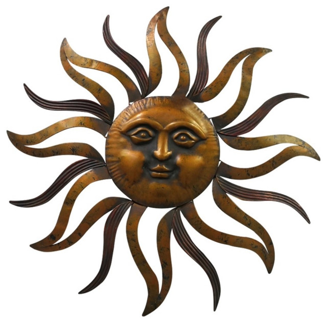 35 Inch Round Wall Mounted Sun Face Accent Decor Carved RusticBlack Metal