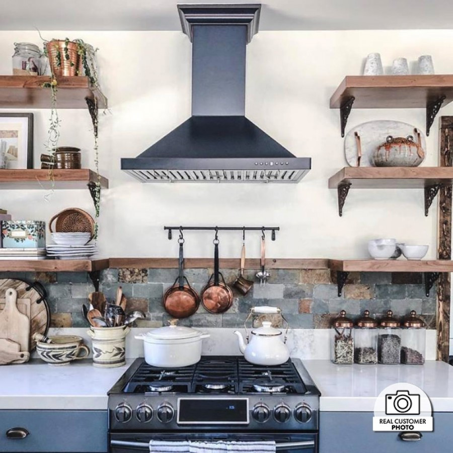 Kitchens featuring a ZLINE Copper Wall Range Hood