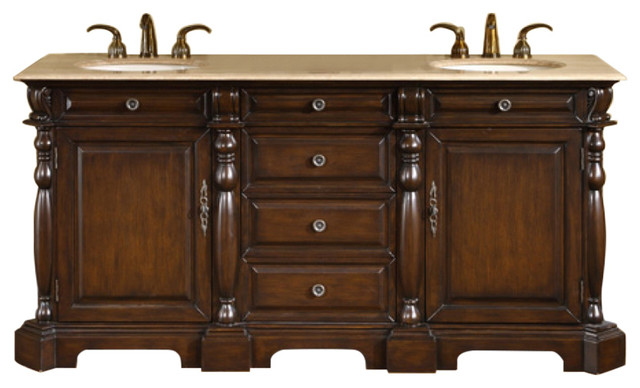 72 Inch Dark Brown Double Sink Bathroom Vanity, Travertine, Traditional ...