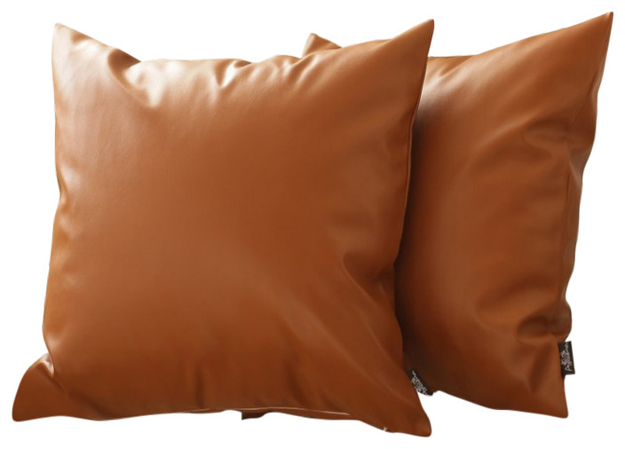 Set Of 2 Solid Caramel Brown Faux Leather Pillow Covers