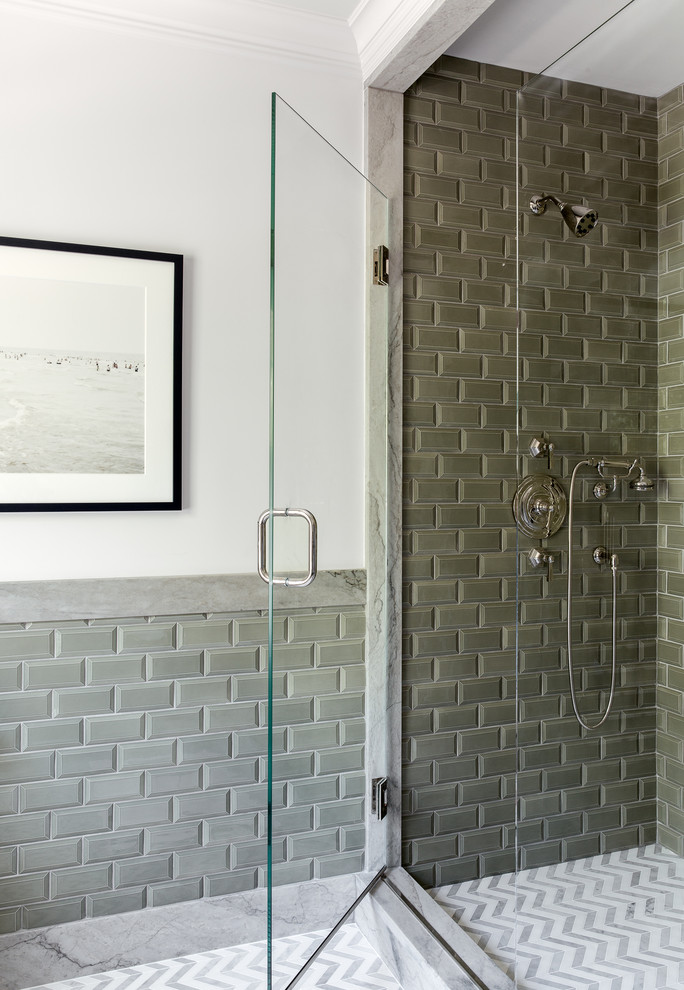 Design ideas for a traditional bathroom in Denver with an alcove shower, gray tile, subway tile, white walls, multi-coloured floor and a hinged shower door.