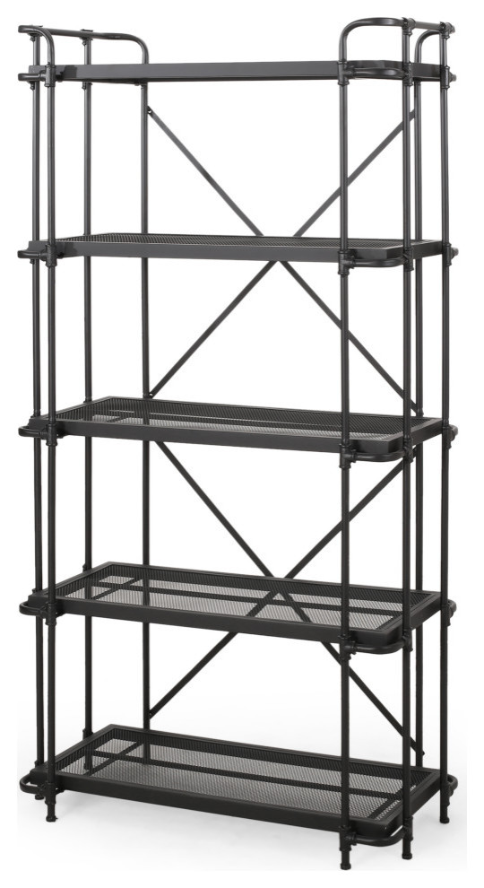 Kayla Iron Mesh Bookcase, Matte Black and Black Industrial