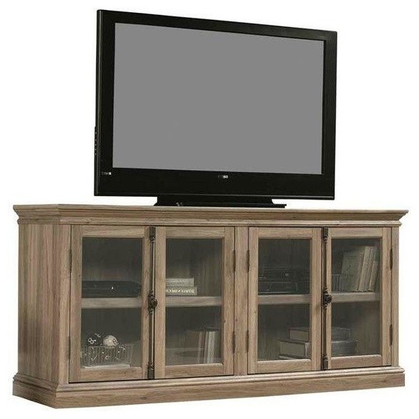 Salt Oak Wood Finish Tv Stand With Tempered Glass Doors Fits Up