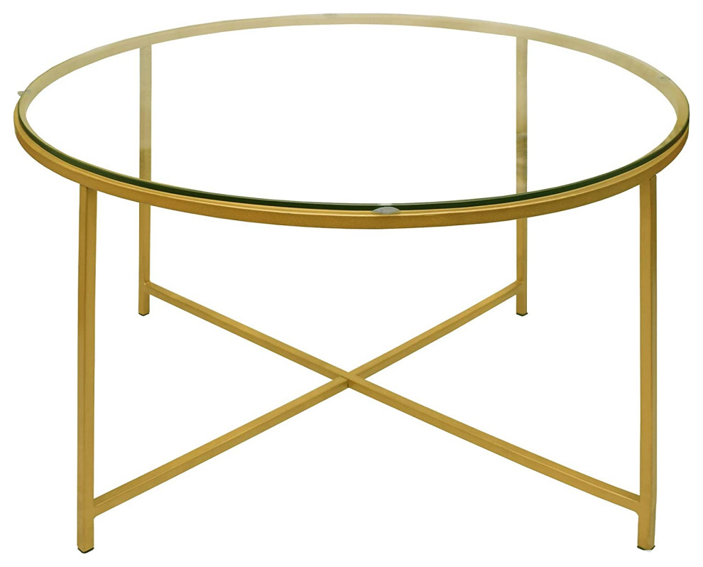 Round Metal Coffee Table With Glass Top and X Shape Base, Gold and