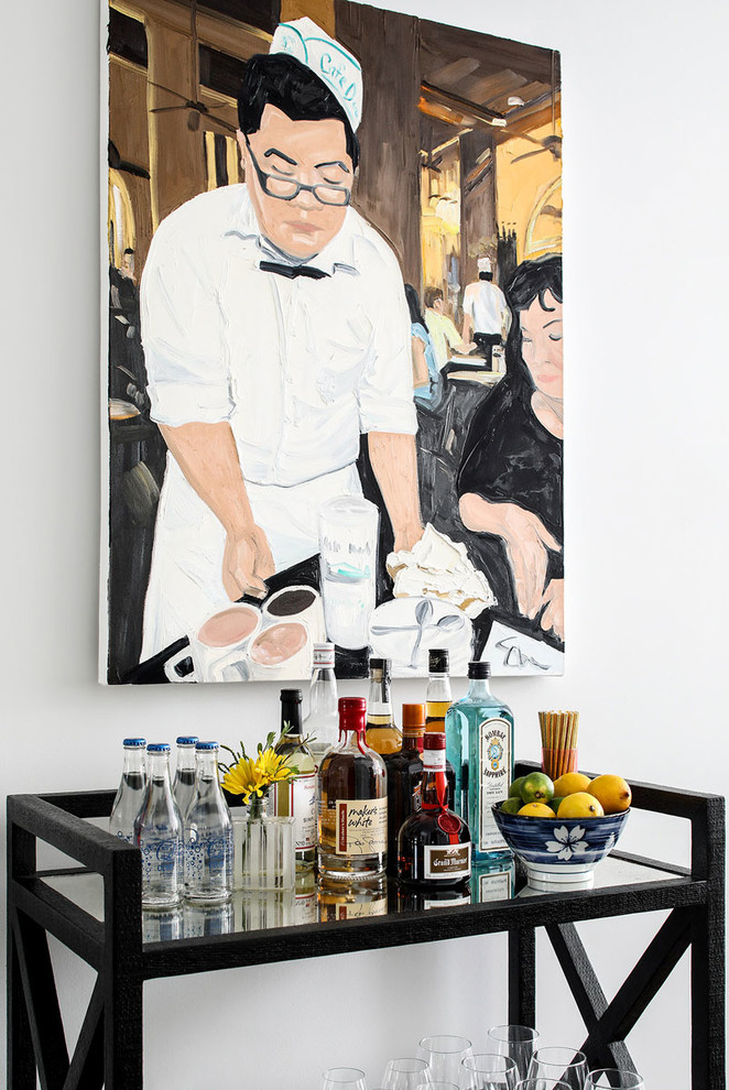 This is an example of a small contemporary single-wall bar cart in New York with no sink, open cabinets, black cabinets and glass benchtops.