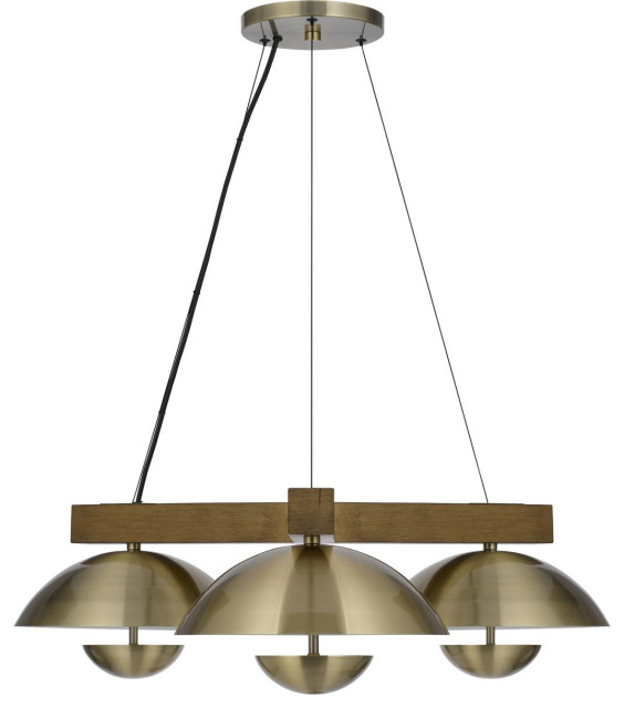 Lakeland 3 Light Pendant, Antique Brass and Wood Midcentury Pendant