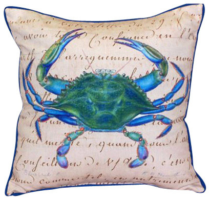 Betsy Drake Blue Crab Indoor/Outdoor Pillow, Beige