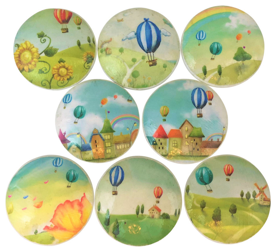8-Piece Whimsical Hot Air Balloon Print Wood cabinet knobs Set