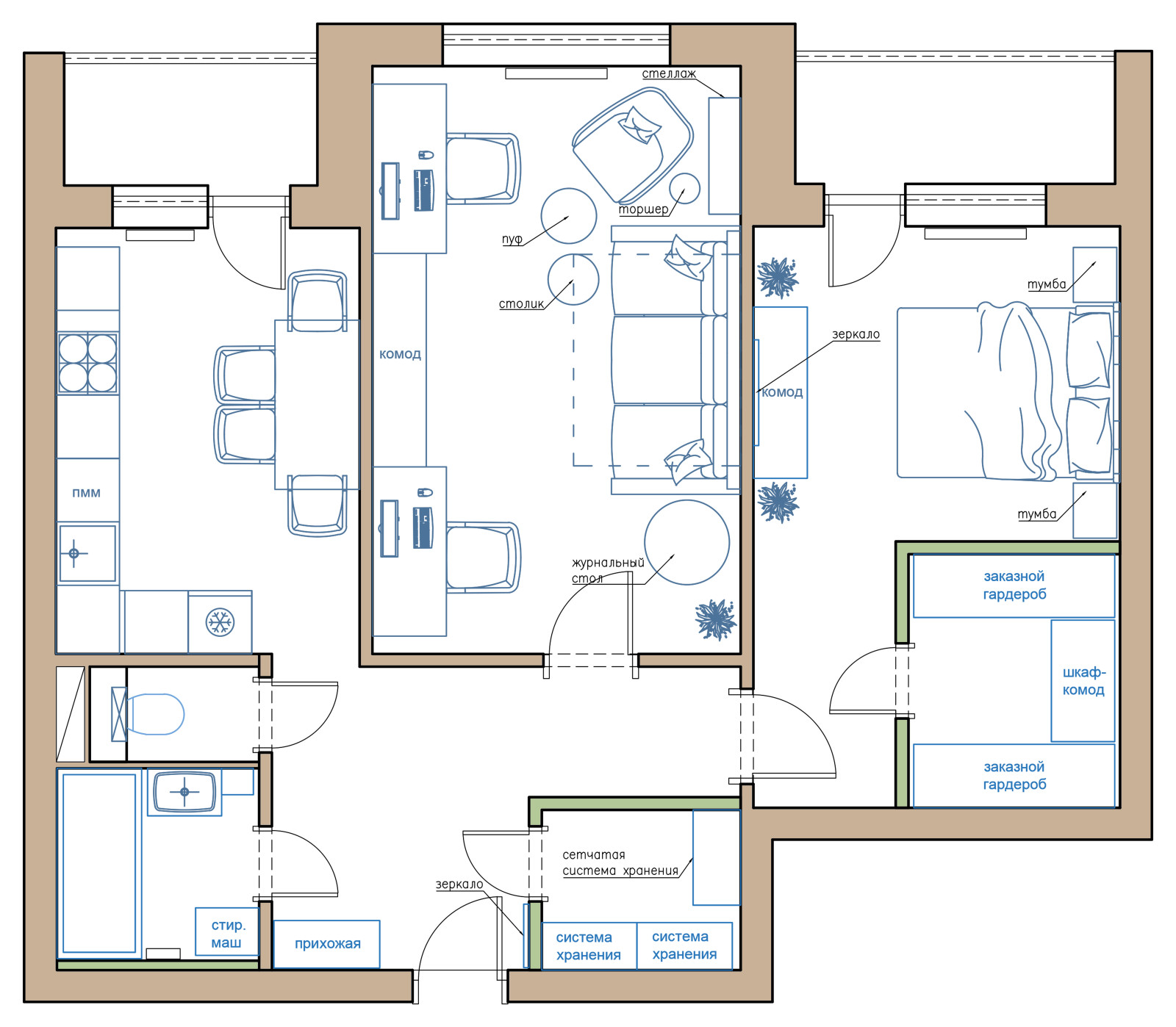 Проект двухкомнатной квартиры в Воронеже  Площадь: 75,2 м2.