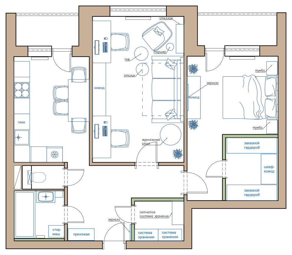 Проект двухкомнатной квартиры в Воронеже  Площадь: 75,2 м2.