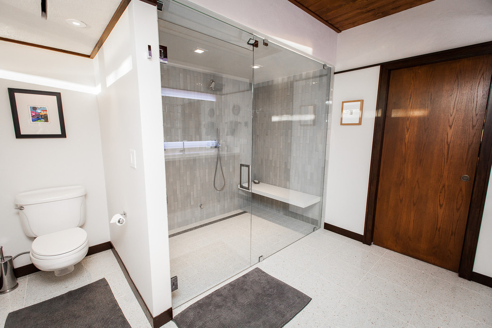 Photo of a midcentury master bathroom in Salt Lake City with flat-panel cabinets, medium wood cabinets, a double shower, white tile, glass tile, white walls, terrazzo floors and quartzite benchtops.
