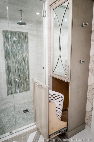 Example of a mid-sized transitional master gray tile and porcelain tile porcelain floor bathroom design in Houston with an undermount sink, furniture-like cabinets, gray cabinets, quartzite countertops, a two-piece toilet and gray walls