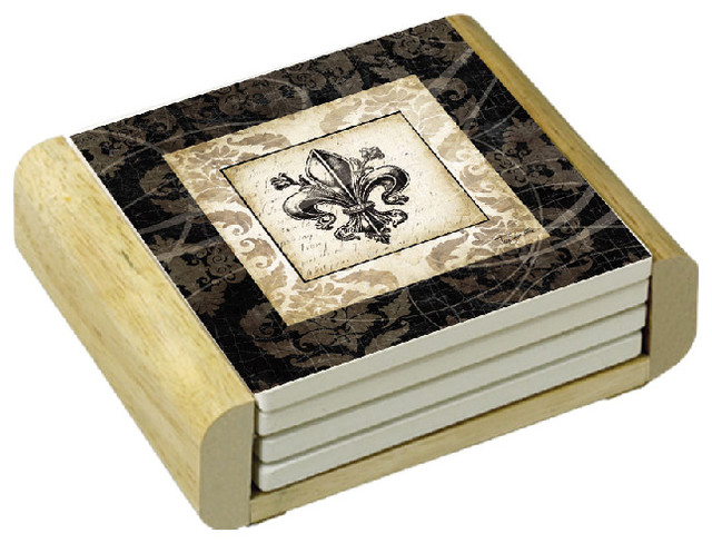 Stone Coasters Wood Holder Fleur De Lis Damask Set Of 4