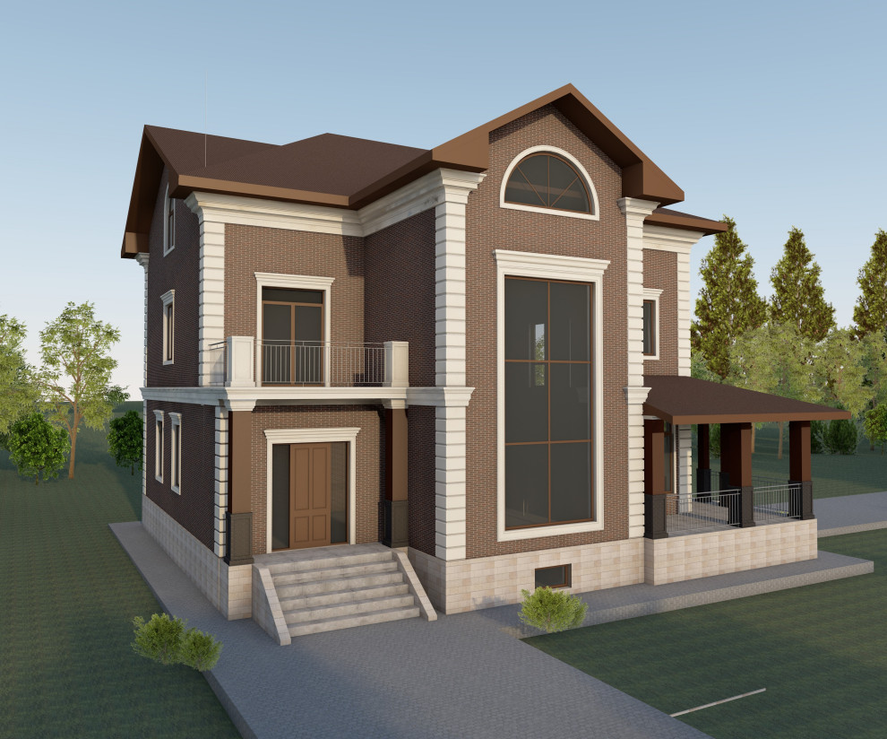 Фасады загородного дома и гаража в коттеджном поселке