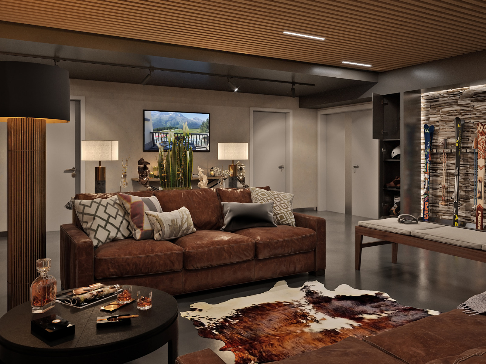 Горнолыжный курорт. Гараж. Пространство для хранения лыжного оборудования.