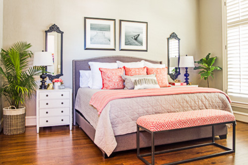 grey, white and coral master bedroom - traditional - dallas -