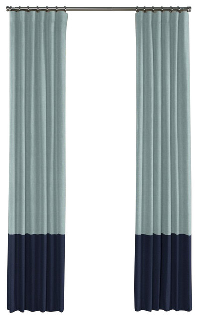 Muted Aqua And Navy Linen Color Block Curtain Single Panel