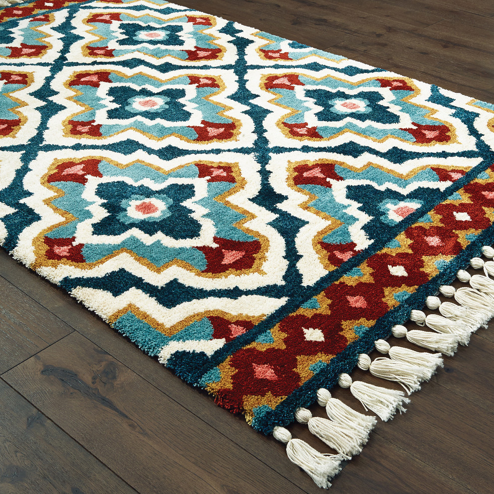 Marietta Tasseled Tribal Trefoil Blue/Ivory Area Rug, 5'x8