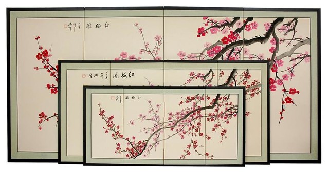 Hand-Painted Plum Blossom Wall Art Screen (36 in. W x .63 in. D x 18 in. H)