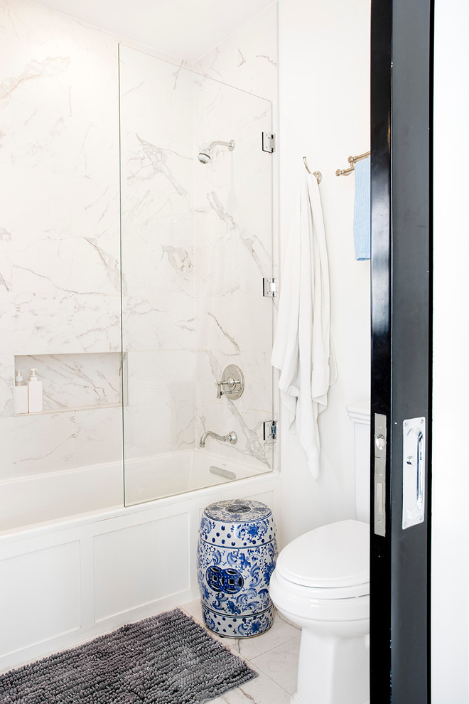 Small contemporary 3/4 bathroom in New York with an alcove tub, white tile, gray tile, porcelain tile, white walls, porcelain floors, a shower/bathtub combo and an open shower.