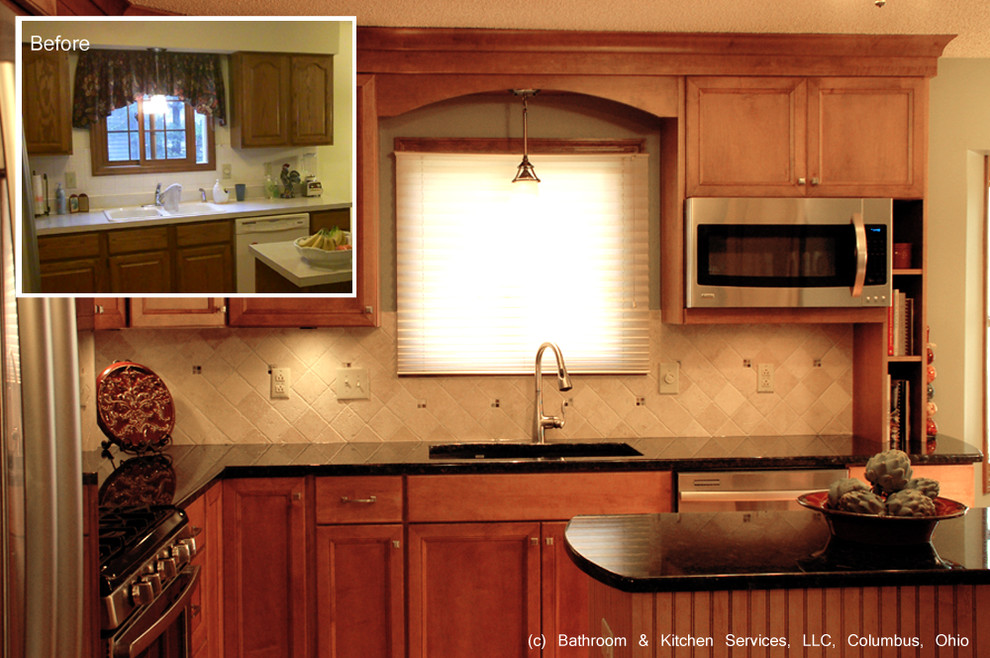 Mid-sized transitional medium tone wood floor eat-in kitchen photo in Columbus with an undermount sink, granite countertops, beige backsplash, stone tile backsplash, stainless steel appliances, beige walls, an island, flat-panel cabinets and medium tone wood cabinets