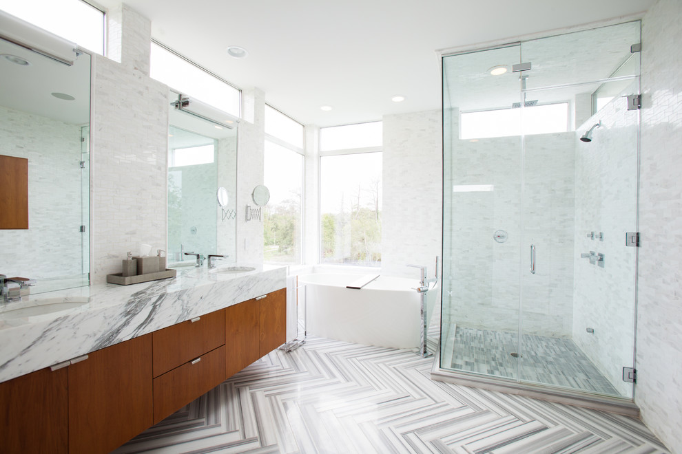 Contemporary bathroom in Houston with marble benchtops, multi-coloured floor and marble.