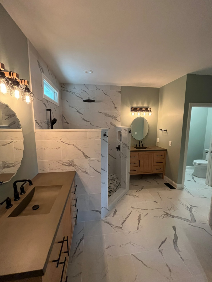 Modern Bathroom with Dual Vanities and Walk-In Shower