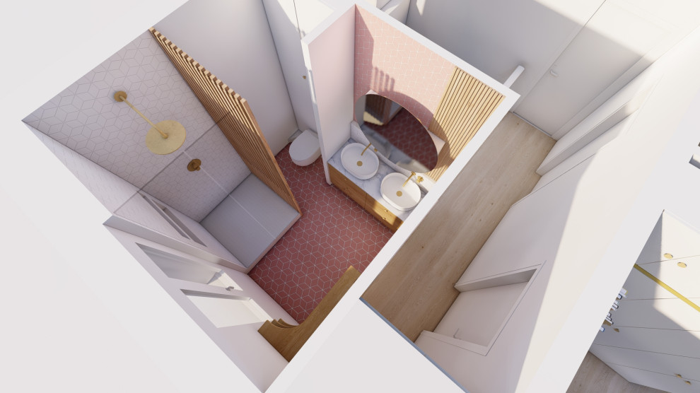 На фото: маленькая ванная комната в современном стиле с светлыми деревянными фасадами, инсталляцией, белой плиткой, керамической плиткой, полом из керамической плитки, душевой кабиной, настольной раковиной, мраморной столешницей, розовым полом и подвесной тумбой для на участке и в саду с