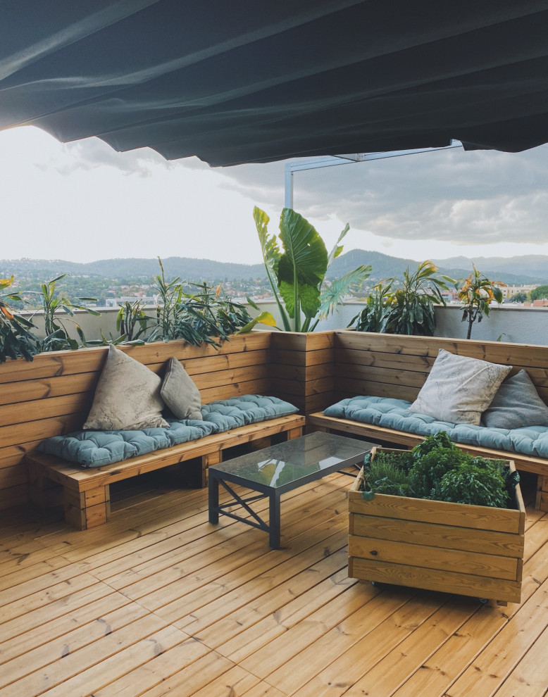 Immagine di una terrazza boho chic di medie dimensioni, sul tetto e sul tetto con un giardino in vaso, una pergola e parapetto in legno