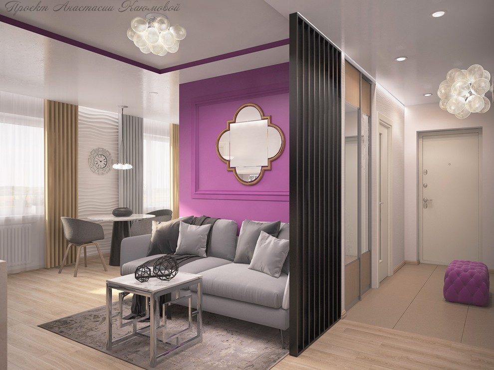 в 30м2 мы поместили ванную, 2 шкафа-купе, зону отдыха с камином, кухню и столову