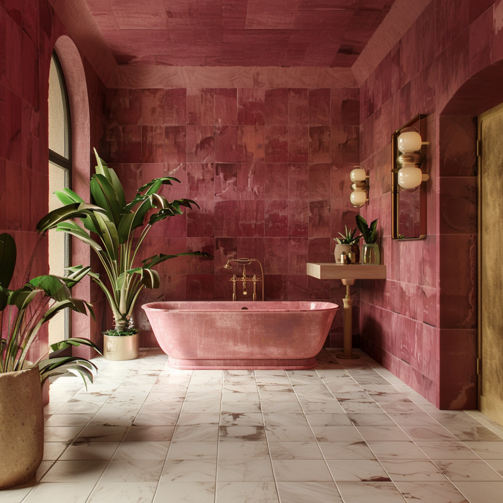 Идея дизайна: большая детская ванная комната: освещение в стиле модернизм с отдельно стоящей ванной, керамогранитной плиткой, розовыми стенами, накладной раковиной, столешницей из бетона, тумбой под одну раковину и подвесной тумбой