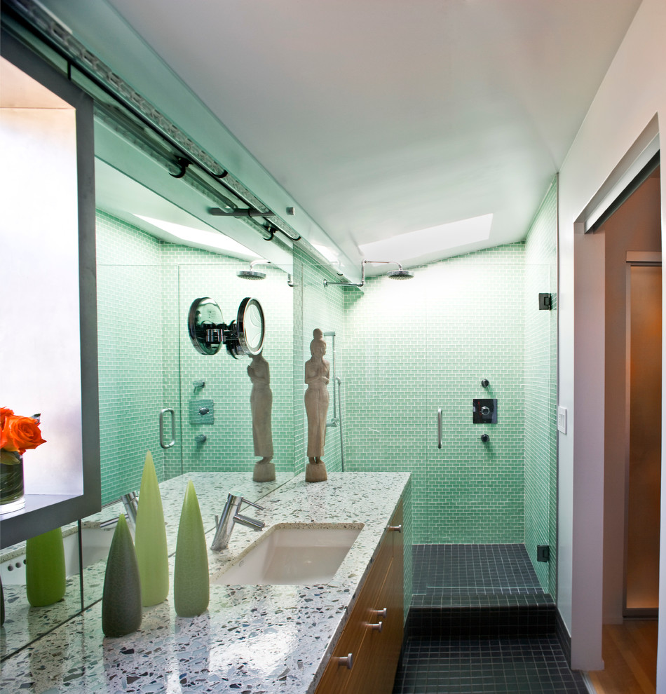 Contemporary bathroom in Los Angeles with terrazzo benchtops, an alcove shower, green tile and ceramic floors.