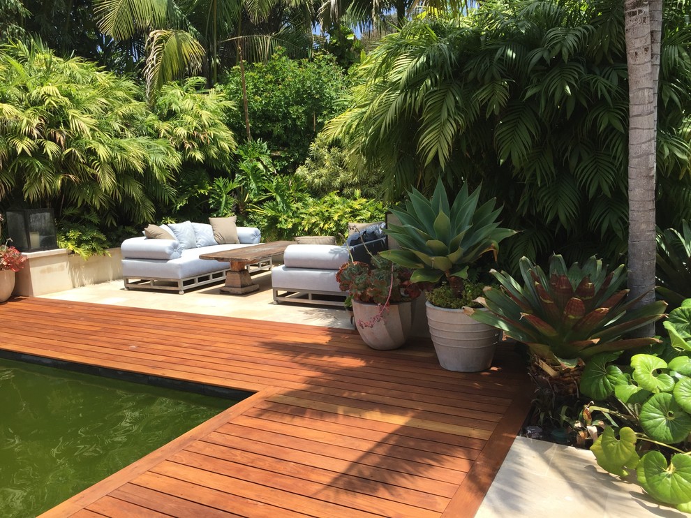 This is an example of a mid-sized tropical backyard partial sun garden in Los Angeles with natural stone pavers.