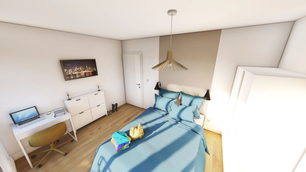 Imagen de dormitorio principal y blanco y madera moderno pequeño sin chimenea con paredes blancas, suelo laminado, suelo marrón y madera