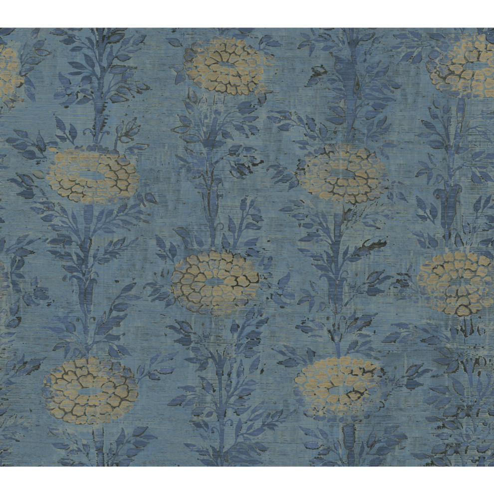 French Marigold Wallpaper, Denim, Gold