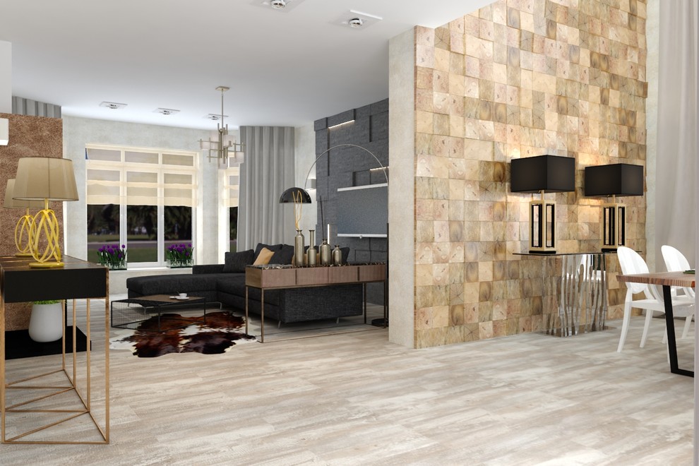 Дизайн проект гостиной столовой и кухонной зон.