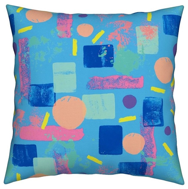 Neon 90s Azure Coral Yellow Geometric Retro Throw Pillow