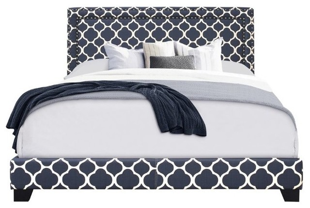 Home Fare Marine Navy Quatrefoil Upholstered Queen Bed ...