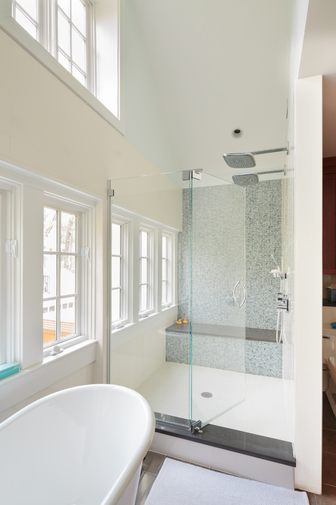 Double shower - transitional mosaic tile double shower idea in Boston